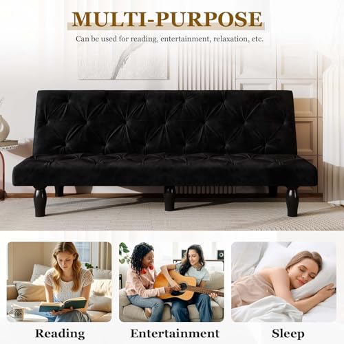 Anwick 3-in-1 Futon Sofa Bed, 66" Velvet Love Seat Sleeper Bed with Adjustable Backrest, Multifunctional Reclining Couch Sofas for Small Spaces, Living Room, Office, Guest Room (Black) Anwick