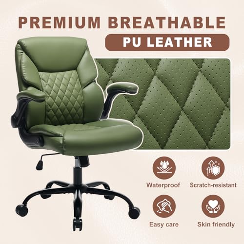 JOYNET Home Office Chair with Lumbar Support, Thickened Seat, Small PU Leather Desk Chair Swivel Rocking, Comfy Computer Chairs with Rolling Wheels & Flip up Armrests, Executive Chair |Green JOYNET