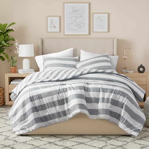 Regency Heights Reversible Striped King Comforter Set, Soft Microfiber Bedding Set with Double-Sided Stripes Design, Warm & Cozy for All-Seasons, 3-Piece Comforter and Shams Set King Size, Grey Regency Heights