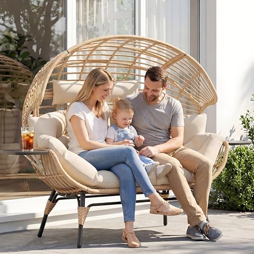 LUTINLIX Double Egg Chair with Cup Holder Outdoor Indoor,2 Person Oversized Wicker Lounge Egg Chair with 8” Thicken Cushions & Rain Cover 700lbs for Patio Balcony Porch Living Room