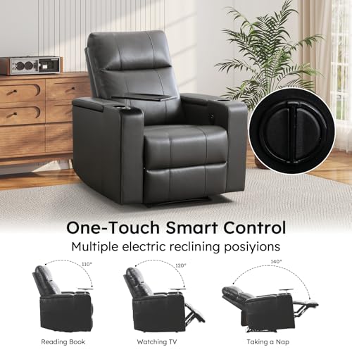 ANJ Home Theater Seating Power Recliner with Hidden Arm Storage, Single Faux Leather Recliners with Tray Table, Electric Movie Reclining Chairs with USB Ports & Cup Holders for Media Room, Grey