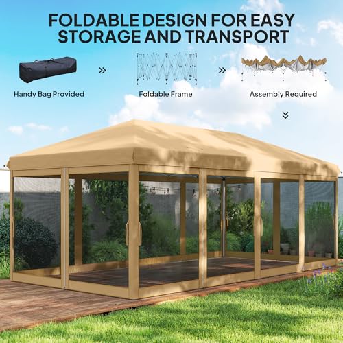 Outsunny 10' x 20' Pop Up Canopy Tent with Netting, Heavy Duty Instant Sun Shelter, Large Tents for Parties with Carry Bag for Outdoor, Garden, Patio, Beige Outsunny