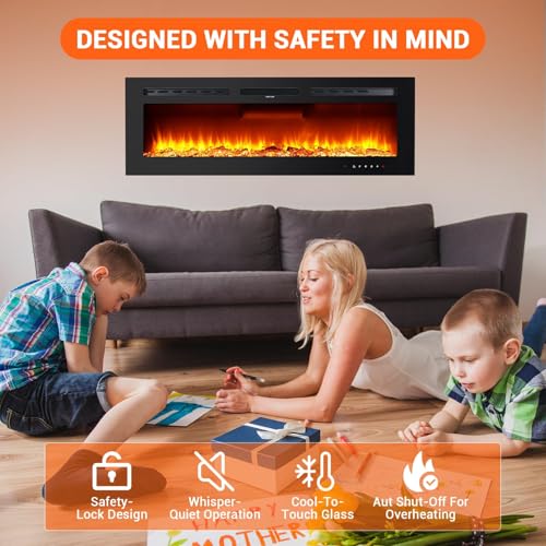 Fireplace, 50 Inch Recessed & Wall Mounted, 750W/1500W Dual Heater, Adjustable Brightness/Carbon Bed Colors/Touch Screen/12 Realistic Ember Color Fireplace, Mount Black PeakPursuit
