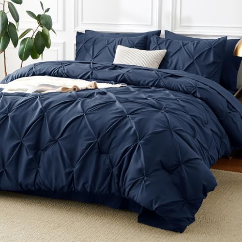 CozyLux Queen Comforter Set Navy Blue, 7 Pieces Pintuck Bed in A Bag, Premium Blue Comforter Queen Size, Pinch Pleat Bedding Sets with Comforter, Sheets, Pillowcases & Shams CozyLux