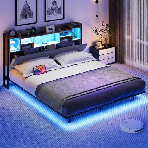 YITAHOME Full Floating Bed Frame & Charging Station, Upholstered Platform Bed with Headboard Storage, No Box Spring Needed,Gray YITAHOME