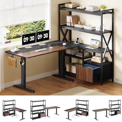 Homiflex 77.8 Inches L Shaped Standing Desk Corner Desk with Hutch Electric Height Adjustable Desk with Storage Shelves File Drawer Power Outlets Reversible Computer Gaming Desk for Home Office Black Homiflex