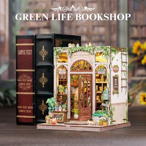 Fsolis Book Nook Kit, 3D Wooden Puzzles for Adults DIY Miniature House Kit Mini Building Kit Booknook Bookstore Bookshelf Diorama Gifts for Women Book Lovers (Green Life's Bookshop)