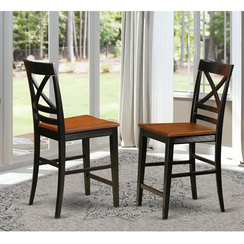 East West Furniture QUS-BLK-W Counter Bar Stool-Pub Height Wooden Chairs, Set of 2, Black & Cherry East West Furniture