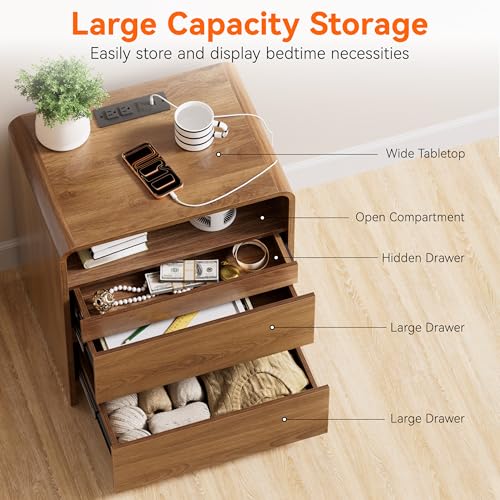 23.8" Modern Nightstand with Hidden Drawers Walnut Night Stand with Charger Station Mid Century Bedside Table Curved Wood Side Table for Bedroom Dorm Oransail