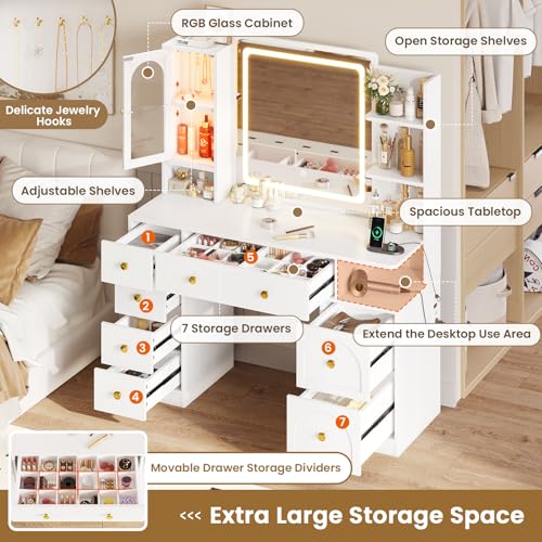 Hasuit White Vanity Desk with Mirror and LED Lights, Large Makeup Vanity Desk with 7 Drawers, Storage Shelves and RGB Glass Cabinet, Dressing Table for Bedroom with Charging Station, Lights Adjustable Hasuit
