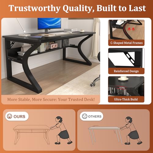 NovolyDJZ Computer Desk, 55'' Computer Desk Home Office Desks w/Storage Shelves & U Shaped Metal Frame, Study Writing Desk w/Cable Management, Deeper & Thicker Desktop Table for Home Office NovolyDJZ