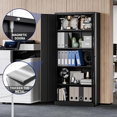 Allouncer Metal Storage Cabinet with 5 Adjustable Shelves, Pantry Cabinet with 2 Doors, Lockable Garage Storage Cabinet, Tool Cabinet, File Storage Cabinets -71" Black Allouncer