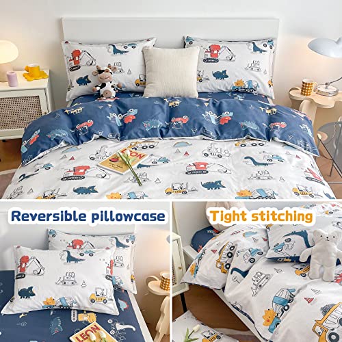 Dinosaur Kids Duvet Cover Set Twin, 100% Cotton Dino Truck Car Bedding Set for Boys Girls Toddler, 2 Pieces Reversible Dinosaur Comforter Cover Set (1 Duvet Cover+1 Pillowcase) DJY