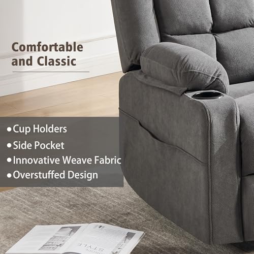 Ketaiyou Swivel Rocker Recliner Chair for Adults with Massage and Heat, Cup Holders and Side Pockets, Glider Rocking Reclining Single Sofa Chair for Living Room(DK Grey)