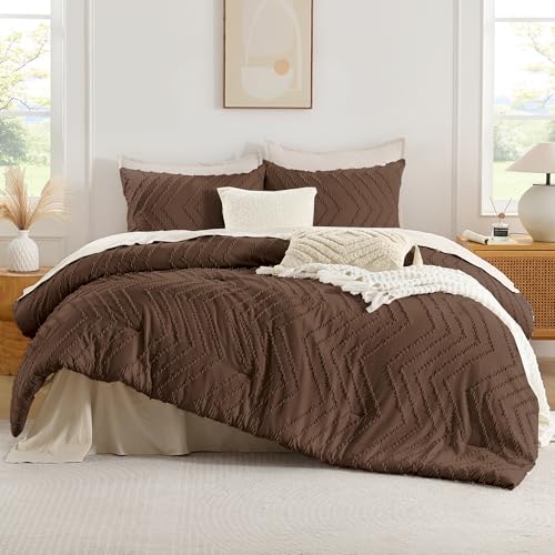 Andency Brown Twin/Twin XL Comforter Set, Twin Bed Comforter for College Dorm Girls Boys Kids Boho Soft Warm Cute Comforter, 2 Pieces Aesthetic Chevron Bohemian Bedding Set