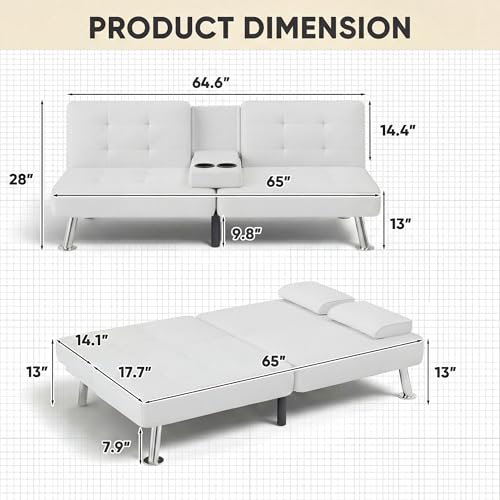 YESHOMY Modern Futon Sofa Bed, Convertible Futon Couch with Adjustable Backrest, Futon Loveseat Sleeper Sofa Bed with Armrest for Living Room, Small Spaces,PU Leather, White YESHOMY