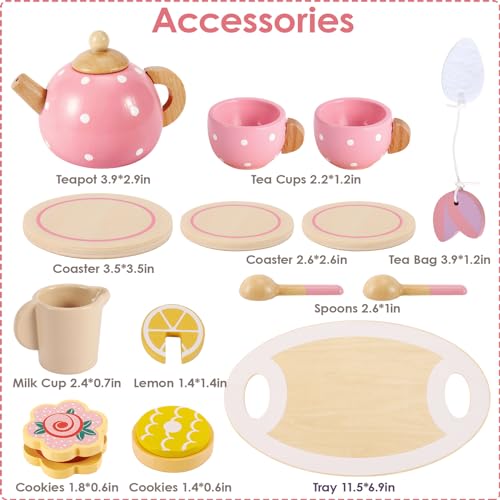 BUYGER Wooden Tea Party Set for Toddlers Little Girls with Tea Cup Teapots Food Tray Pretend Play Kitchen Accessories Cafe Toys Gifts for Ages 3-5 3 4 5 Years Old Buyger