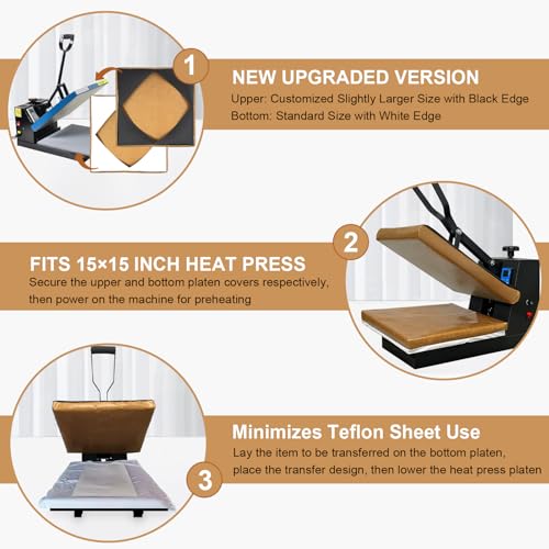Heat Press Covers 15x15 Inch 2 Piece Set for Top and Bottom Platens | Reusable Teflon Material Heat Press Protective Covers for Sublimation, DTF and Heat Press Transfers EAOENLS