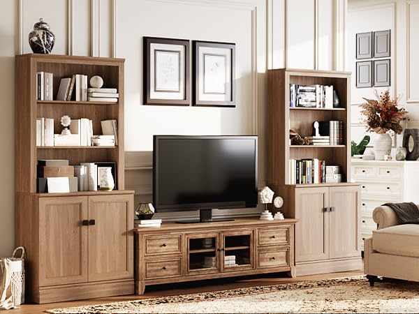 FENSULN 72 in Tall Bookshelf 5 Tiers Bookcase with Adjustable Shelves, Oak Bookcase with Storage Cabinet, Wood Freestanding Display Bookshelves for Home Office,Bedroom, Living Room(Pack 2) FENSULN