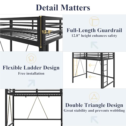 Allewie 72 Inches Tall Loft Bed Twin Size with Ladder and Safety Guardrail for Teens and Adults, Heavy Duty Metal Single Loft Bed for Small Space, Noise Free, Black Allewie