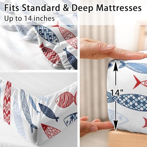 Pamnest King Size Bed Sheet Sets, Summer Blue Fish Soft Microfiber 4 Pcs Bedding Sets for Kids and Adults Bedroom Bed Decor, Cute Sea Red Flat, Fitted Sheet and 2 Pillowcases Pamnest