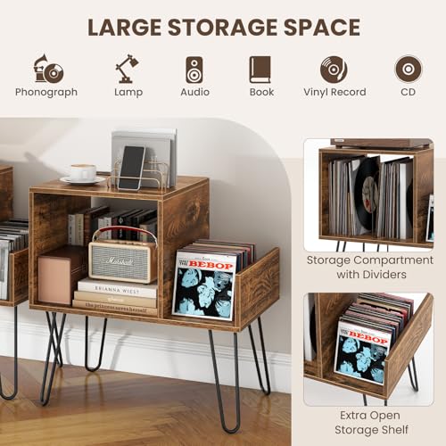 GOFLAME Record Player Stand, Turntable Stand with Charging Station, Vinyl Storage End Table with Metal Legs, Mid-Century Record Player Table for Study, Bedroom, Living Room, Rustic Brown GOFLAME