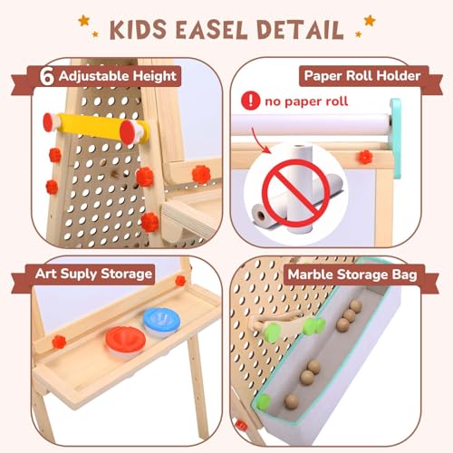 WINGYZ Kids Easel Wooden Marble Run for Kids 3-7, 4-in-1 Toddler Art Easel for Kids 2-4 Painting Station Stand Drawing, Double-Sided 6 Heights Black Chalkboard Magnetic Whiteboard Paper Roll Holder wingyz