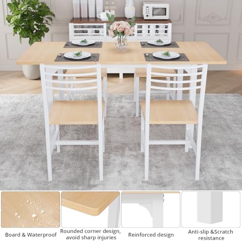 VOWNER 63” Extendable Dining Table Set for 4-6 People, 5-Piece Dining Table Set for 4 People with 4 Chairs, Kitchen Table Set with MDF Board and Metal Frame, for Small Space, Apartment, Nature Wood VOWNER