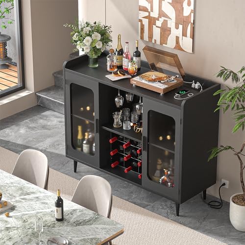 iSunirm Wine Bar Cabinet with Power Outlet, Liquor Cabinet Bar with LED Light and Glass Holder, Home Coffee Bar Cabinet, Buffet Sideboard with Storage Shelf for Kitchen, Dining Room, Black iSunirm