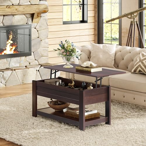 WLIVE Modern Lift Top Coffee Table,Rustic Coffee Table with Storage Shelf and Hidden Compartment,Wood Lift Tabletop for Home Living Room,Brown Oak. WLIVE