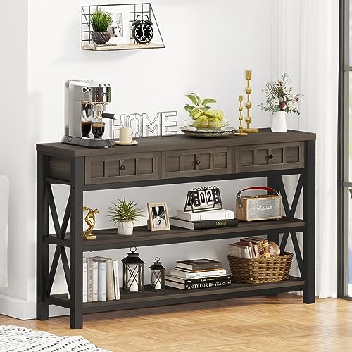 FATORRI Console Table with Storage for Entryway, Rustic Sofa Table with 3 Drawers for Living Room, Farmhouse Hallway Tables and Couch Tables Behind Sofa (54.72 Inch Long, Walnut Brown) FATORRI