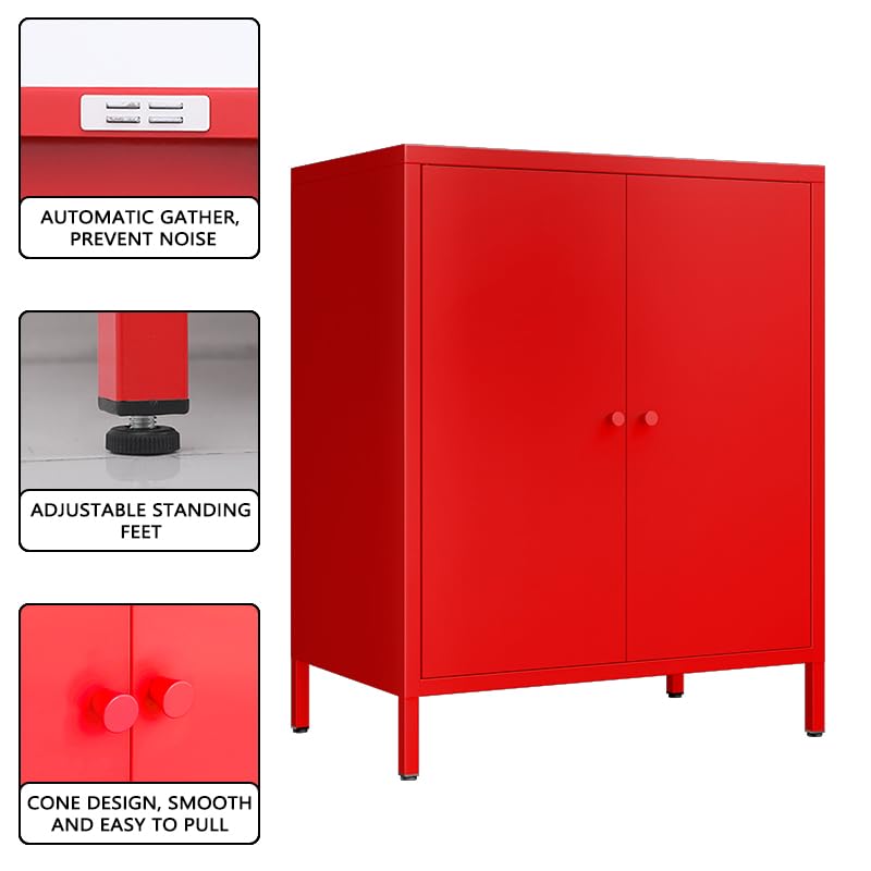 Fumedo Small 2 Metal Storage Side Buffet Cabinet for Bed Room,Living Room,Entryway,Hallway,Home,Hotel,Office,Garage,Kitchen,1 Removable Shelf. (Metal Door, Red) Fumedo