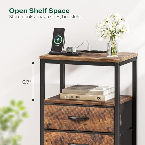 Huuger 5 Drawers Dresser with Charging Station, Set of 2, Dresser for Bedroom, Tall Night Stand, Chest of Drawers with Open Shelf, Bedside Table Nightstand, Fabric Dresser, Rustic Brown Huuger