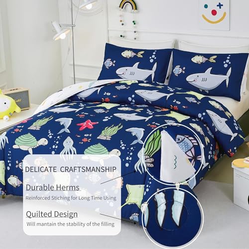 RYNGHIPY Kids Bedding Set for Queen Bed Reversible Ocean Animals Print Comforter Set for Boys Girls Easy-Wash Super Soft Microfiber Bed Set (Navy Ocean,Queen) RYNGHIPY