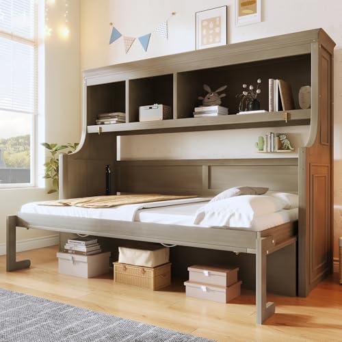 Fiorune Twin Size Horizontal Murphy Bed with Desk and Storage Shelves, Space-Saving Foldable Cabinet Bed, Solid Wood Hidden Wall Bed Frame for Small Spaces, Living Room, Gray Fiorune