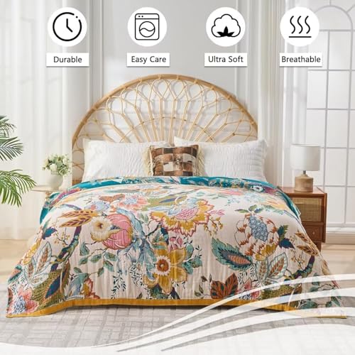 ERZVND Boho Throw Blanket Farmhouse Decor Throw Blanket Bohemian Blanket for Bed 100% Cotton Muslin Woven Couch Blanket All Seasons Quilt Bedroom (Beige, 50"x60") ERZVND