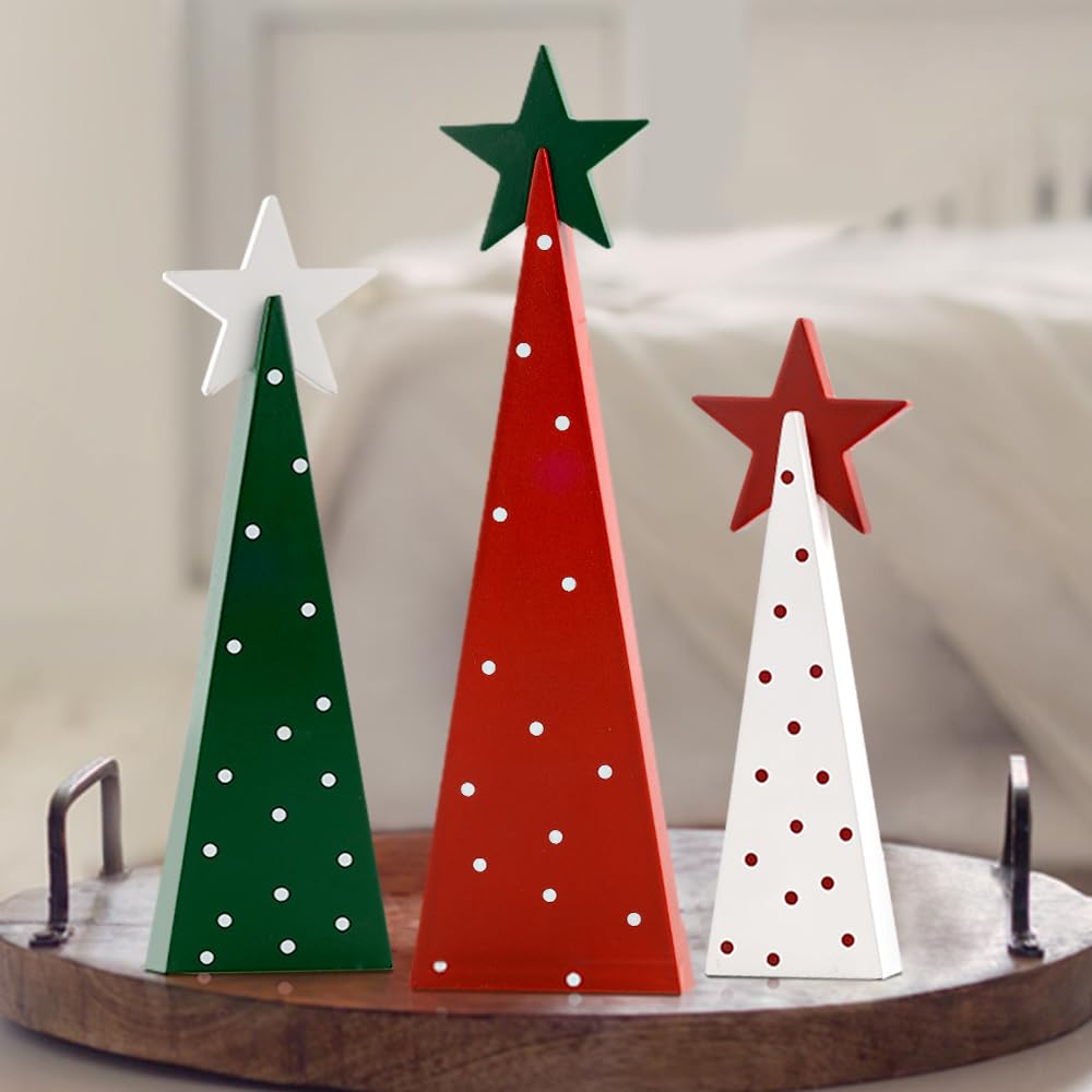 Christmas Decorations Indoor, Christmas Decor - 3 PCS Wooden Xmas Tree Signs with Stars for Home, Table, Fireplace Mantel, Shelf, Office Desk, Party Decor - Xmas Holiday Decorations AKEROCK