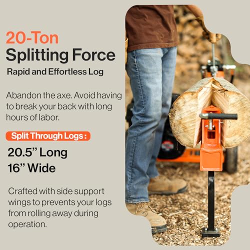 SuperHandy Log Splitter Portable 20 Ton Rapid Auto Return Ram System Bucher Gear Pump 7HP Engine Horizontal Full Beam Steel Wedge Firewood Splitting Forestry Harvesting SuperHandy