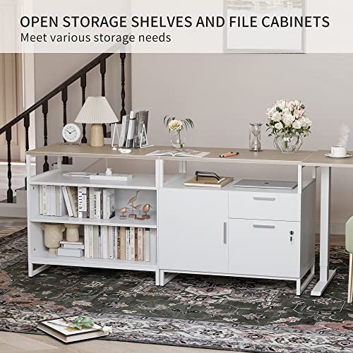 FEZIBO 66 Inch Executive L Shaped Standing Desk, Electric Height Adjustable Stand up Desk with 2-Drawer File Cabinet, Home Office Modern Wood Computer Desk with Shelves, White Frame/Light Walnut Top FEZIBO