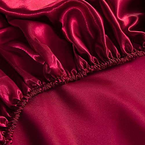 Fitted Sheet Full XL Burgundy - Satin Silk Soft And Comfortable - Wrinkle, Fade, Stain Resistant - 18" Deep Pocket - 1 Single Fitted Bottom Sheet Only - Easy Care (Full XL, Burgundy) Good Night Bedding