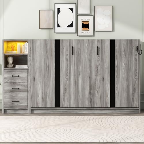SOFTSEA Twin Horizontal Murphy Bed with Storage, Hideaway Murphy Bed Cabinet with Drawers & LED Light, Farmhouse Hidden Wall Bed Frame Space-Saving for Guest Room Bedroom Office, Grey SOFTSEA