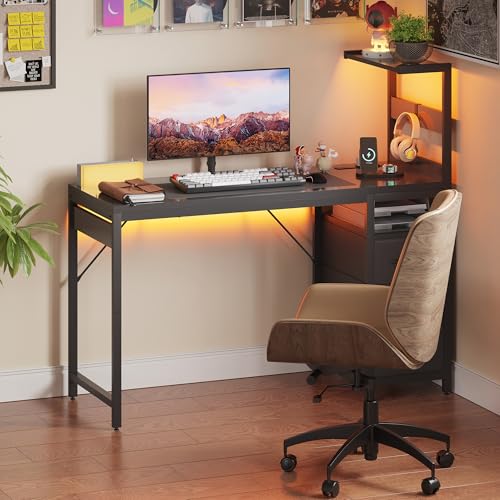 YOUDENOVA 48 Inch Gaming Computer Desk with Led Lights, Small Desk with Storage Shelves and Drawers, Reversible Compact Gamer Table for Home Office, Carbon Fiber Black YOUDENOVA