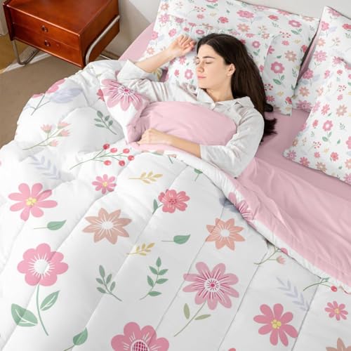 Feelyou Cute Flower 7 Piece Bedding Set Fresh Flower Floral Comforter Set with Sheets for Kids Boys Girls Nature Plants Bed in a Bag Pink Green Bed Set Soft Lightweight Feelyou