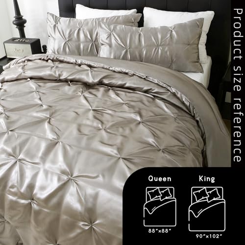 Setguopal Satin Comforter Set King Size, 3-Piece Light Grey Pinch Pleat Bedding Sets, Comforter, Pillowcases, Offering Exceptionally Soft and Smooth Comfort for All Season Use Setguopal