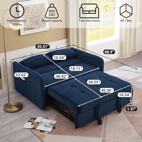 N NOORDENIYA 55.5" Corduroy Convertible Sofa Bed, Pull Out Sleeper Sofa Bed, Loveseat Couch with USB Charging Ports, 3 in 1 Convertible Sleeper Sofa Bed for Living Room, Apartment, Bedroom, RV, Blue N NOORDENIYA