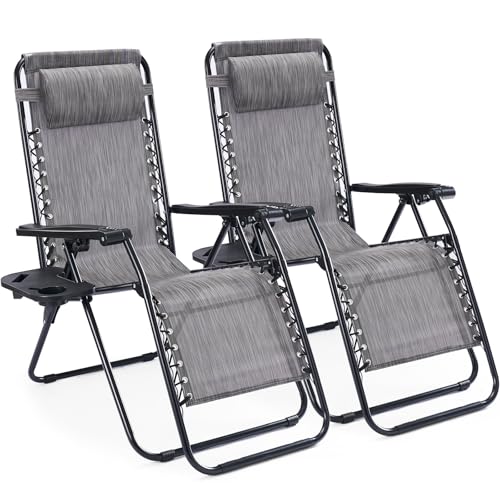Sweetcrispy Zero Gravity Chairs, Set of 2 Portable Recliner Beach Camping Patio Outdoor Folding Lounge Chair with Cup Holder Trays and Adjustable Pillow for Poolside, Garden, Backyard, Lawn (Grey) Sweetcrispy