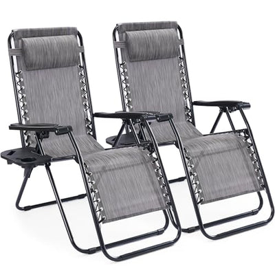 Sweetcrispy Zero Gravity Chairs, Set of 2 Portable Recliner Beach Camping Patio Outdoor Folding Lounge Chair with Cup Holder Trays and Adjustable Pillow for Poolside, Garden, Backyard, Lawn (Grey)