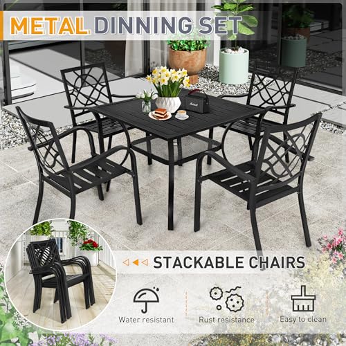 SUNCROWN 5-Piece Outdoor Wrought Iron Chairs and Table Patio Dining Furniture Set - 4 Stackable Metal Chairs, 1 Steel Slat Bistro Table for Garden Backyard Deck SUNCROWN