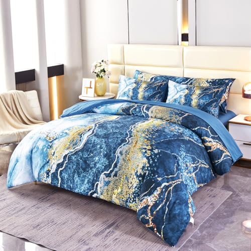PERFEMET 6 Piece Blue Comforter Set Full Bed in A Bag Set Aesthetic Capri Blue and Gold Marble Bedding Set with Sheets Soft Luxury Watercolor Burning Mountain Printed Bedroom Sets(Capri Blue, Full) PERFEMET