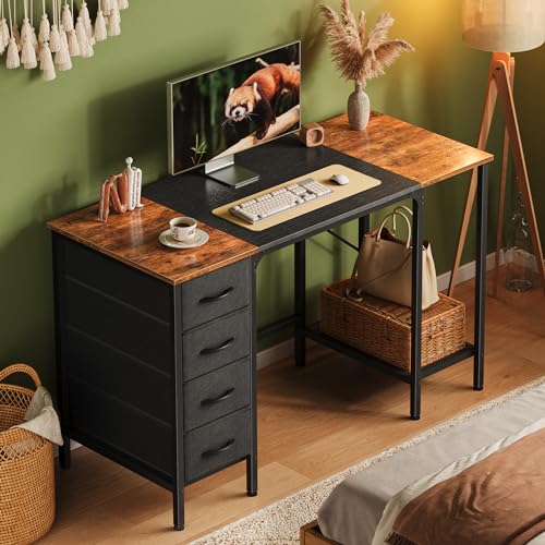 Huuger 47 Inch Computer Desk with 4 Drawers, Office Desk with Mesh Shelf, Gaming Desk, Large Storage, Writing Desk Work Desk for Home Office, Study, Bedroom, Work from Home, Rustic Brown and Black Huuger